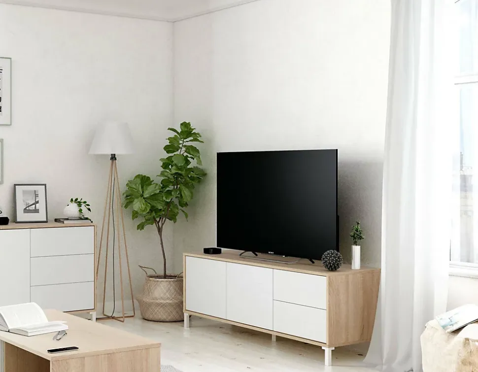 Meuble TV Dayha, Buffet pour télévision avec 2 portes, Meuble TV de salon, Buffet pour salon, 130x41h47 cm, Chêne et Blanc