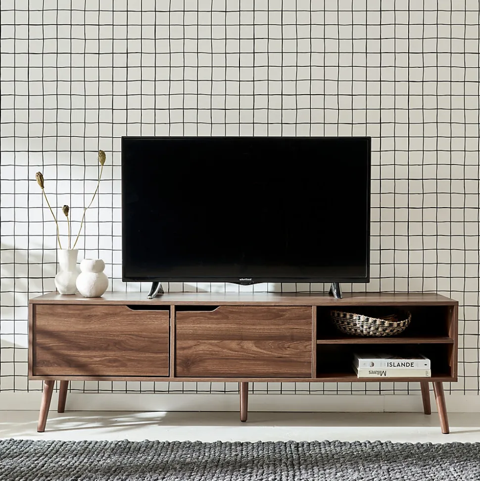 Meuble TV décor bois de noyer. 2 portes. 1 étagère. 160cm