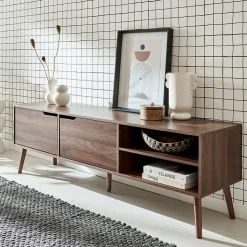 Meuble TV décor bois de noyer. 2 portes. 1 étagère. 160cm