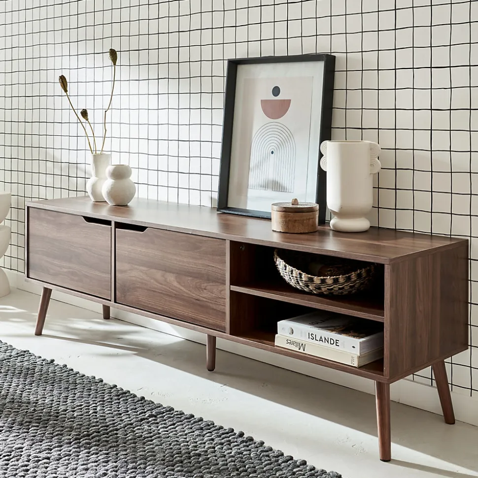 Meuble TV décor bois de noyer. 2 portes. 1 étagère. 160cm