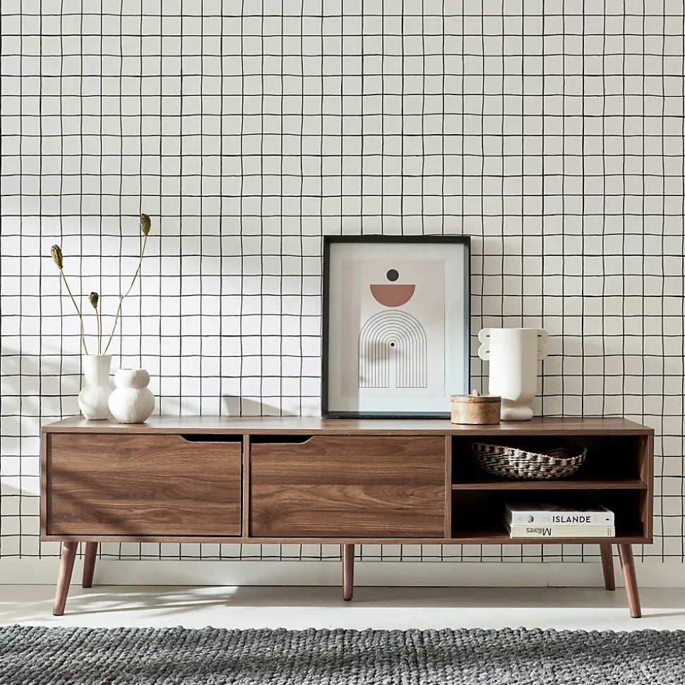Meuble TV décor bois de noyer. 2 portes. 1 étagère. 160cm