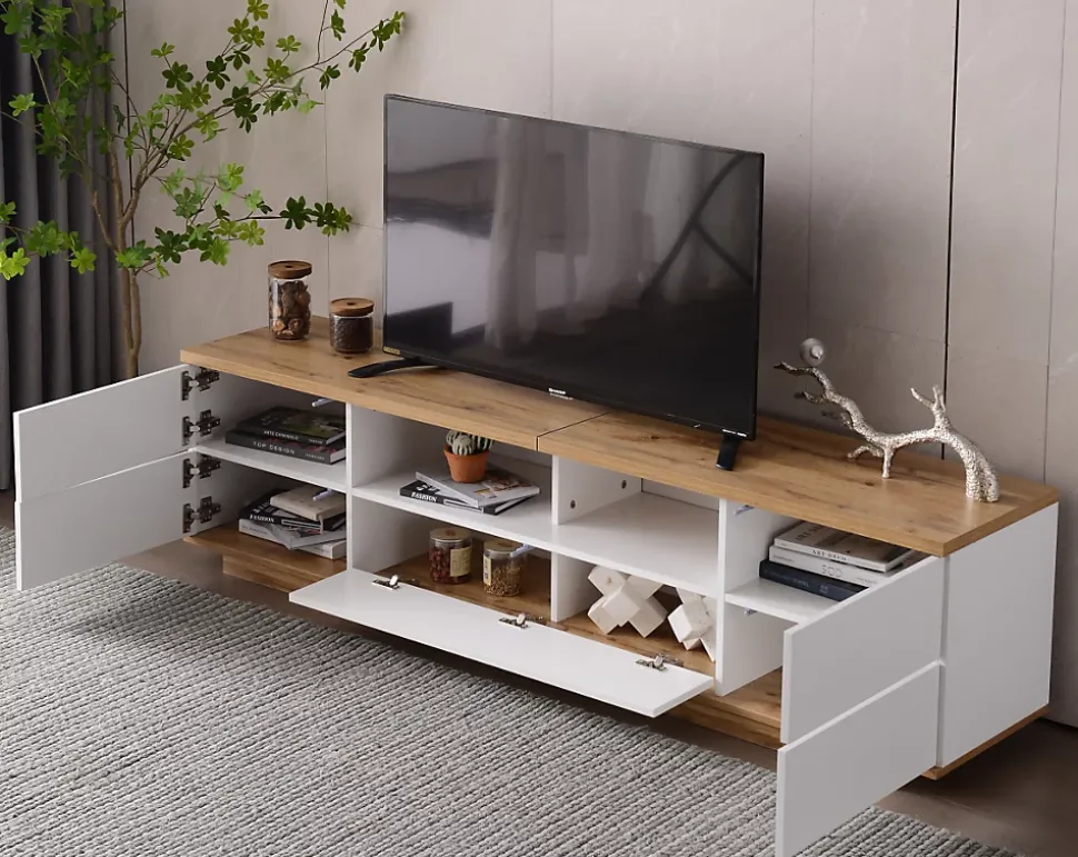 Meuble TV Design 180 Cm - Style Bloc De Couleur Blanc Et Bois - Meuble Téléviseur Élégant
