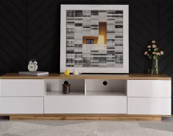 Meuble TV Design 180 Cm - Style Bloc De Couleur Blanc Et Bois - Meuble Téléviseur Élégant