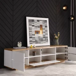 Meuble TV Design 180 Cm - Style Bloc De Couleur Blanc Et Bois - Meuble Téléviseur Élégant