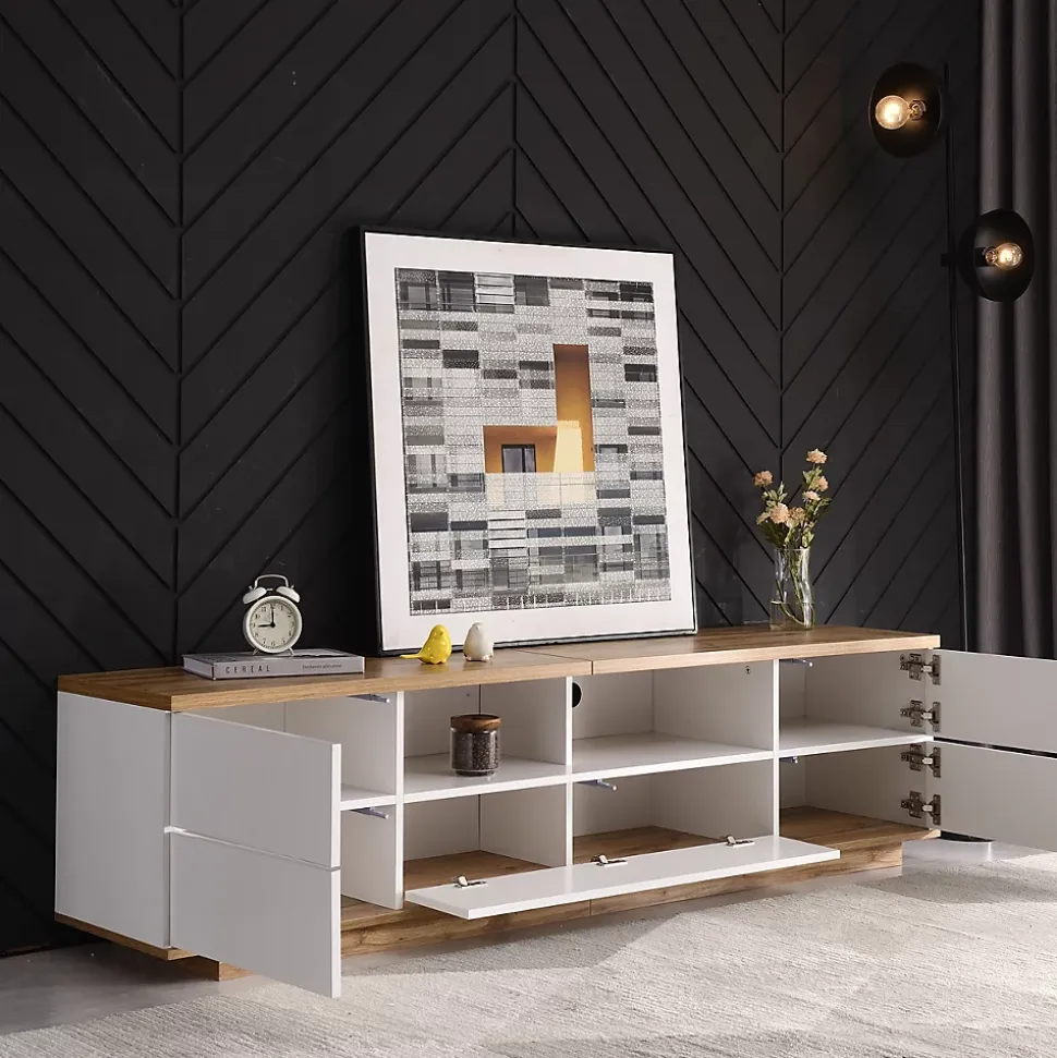 Meuble TV Design 180 Cm - Style Bloc De Couleur Blanc Et Bois - Meuble Téléviseur Élégant