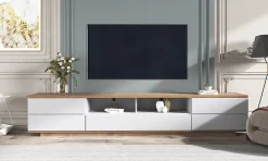 Meuble TV Design 180 Cm - Style Bloc De Couleur Blanc Et Bois - Meuble Téléviseur Élégant