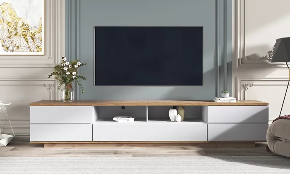 Meuble TV Design 180 Cm - Style Bloc De Couleur Blanc Et Bois - Meuble Téléviseur Élégant