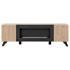 Meuble TV design avec cheminée décorative coloris chene et noir collection NIELSEN.