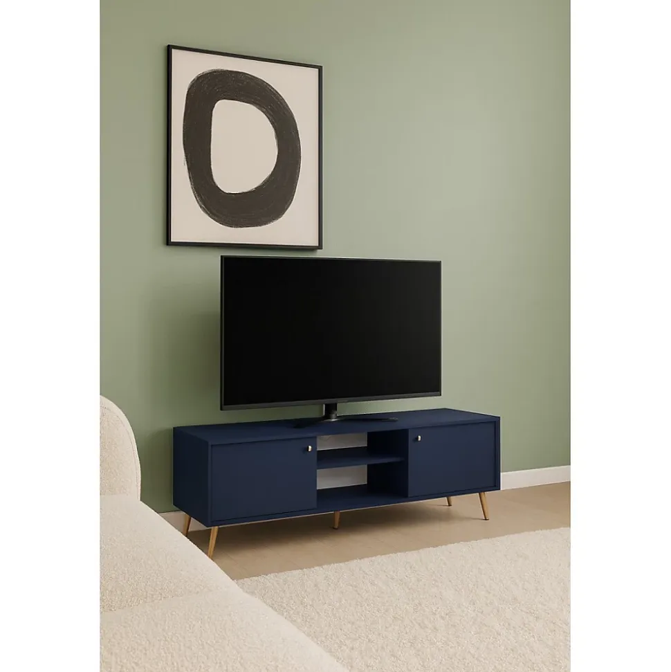 Meuble TV design AZUREA 2 portes & 2 niches Bleu profond 156x55x41 cm