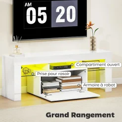 Meuble TV design blanc laqué LED réglable - 2 étagères verre trempé, niche, porte - dim. 120 x 34 x 45 cm