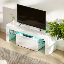 Meuble TV design blanc laqué LED réglable - 2 étagères verre trempé, niche, porte - dim. 120 x 34 x 45 cm