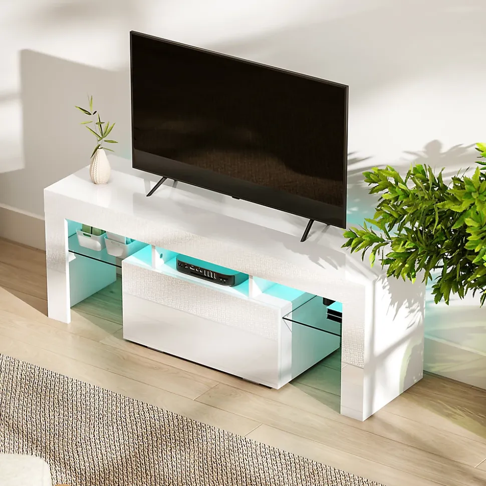 Meuble TV design blanc laqué LED réglable - 2 étagères verre trempé, niche, porte - dim. 120 x 34 x 45 cm