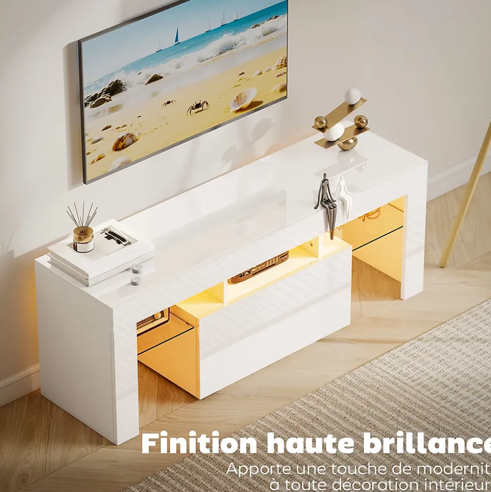 Meuble TV design blanc laqué LED réglable - 2 étagères verre trempé, niche, porte - dim. 120 x 34 x 45 cm