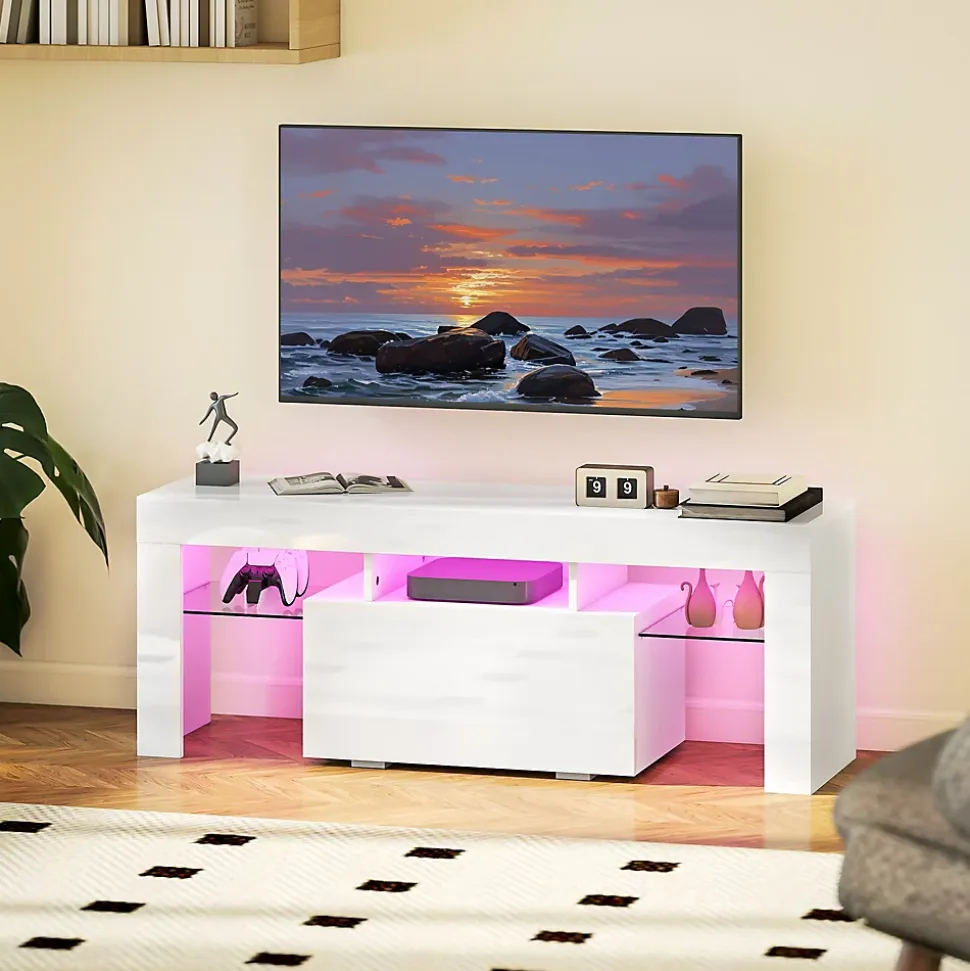 Meuble TV design blanc laqué LED réglable - 2 étagères verre trempé, niche, porte - dim. 120 x 34 x 45 cm