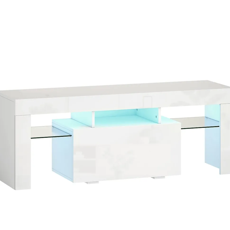 Meuble TV design blanc laqué LED réglable - 2 étagères verre trempé, niche, porte - dim. 120 x 34 x 45 cm