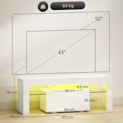 Meuble TV design blanc laqué LED réglable - 2 étagères verre trempé, niche, porte - dim. 120 x 34 x 45 cm