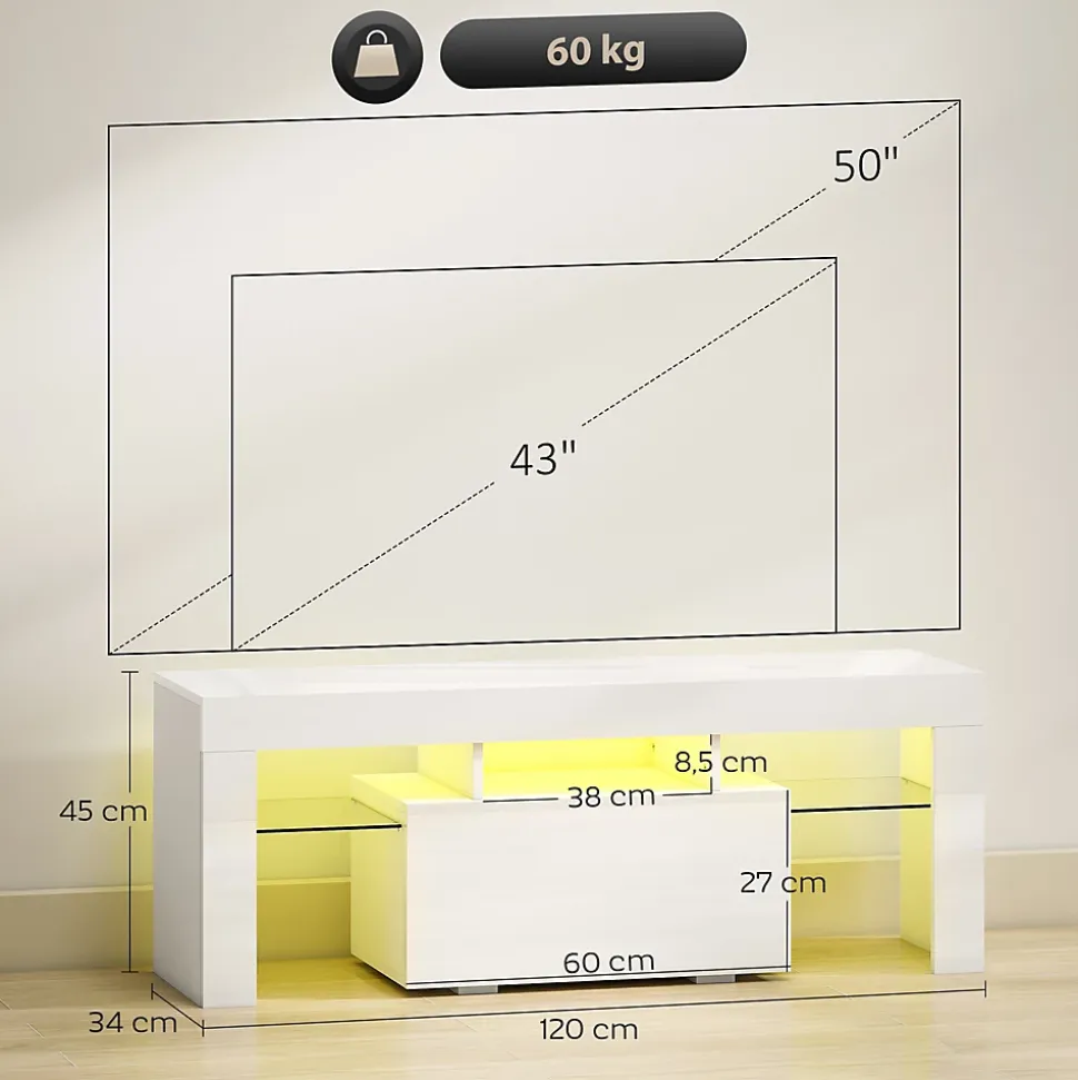 Meuble TV design blanc laqué LED réglable - 2 étagères verre trempé, niche, porte - dim. 120 x 34 x 45 cm