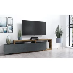 Meuble TV design 220cm collection BERGAME. Coloris gris et chene foncé.
