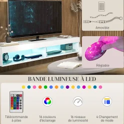 Meuble TV design LED suspendu mural - 75 pouces max. - 2 niches - dim. 180L x 40l x 30H cm - aspect bois blanc