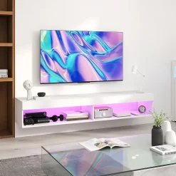 Meuble TV design LED suspendu mural - 75 pouces max. - 2 niches - dim. 180L x 40l x 30H cm - aspect bois blanc