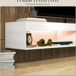 Meuble TV design LED suspendu mural - 75 pouces max. - 2 niches - dim. 180L x 40l x 30H cm - aspect bois blanc