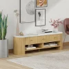 Meuble TV design ovale effet marbre blanc 140 x 40 x 43 cm 3 tiroirs 2 niches aspect bois clair