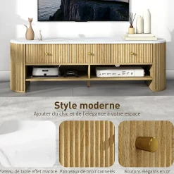 Meuble TV design ovale effet marbre blanc 140 x 40 x 43 cm 3 tiroirs 2 niches aspect bois clair