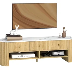 Meuble TV design ovale effet marbre blanc 140 x 40 x 43 cm 3 tiroirs 2 niches aspect bois clair