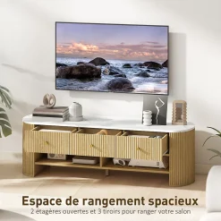 Meuble TV design ovale effet marbre blanc 140 x 40 x 43 cm 3 tiroirs 2 niches aspect bois clair