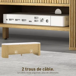 Meuble TV design ovale effet marbre blanc 140 x 40 x 43 cm 3 tiroirs 2 niches aspect bois clair