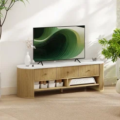 Meuble TV design ovale effet marbre blanc 140 x 40 x 43 cm 3 tiroirs 2 niches aspect bois clair
