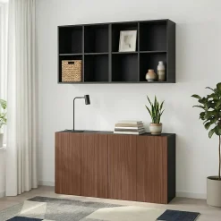 Meuble TV effet noyer et noir 4 portes avec étagère suspendue GoodHome Atomia H. 150 x L. 150 x P. 35 cm