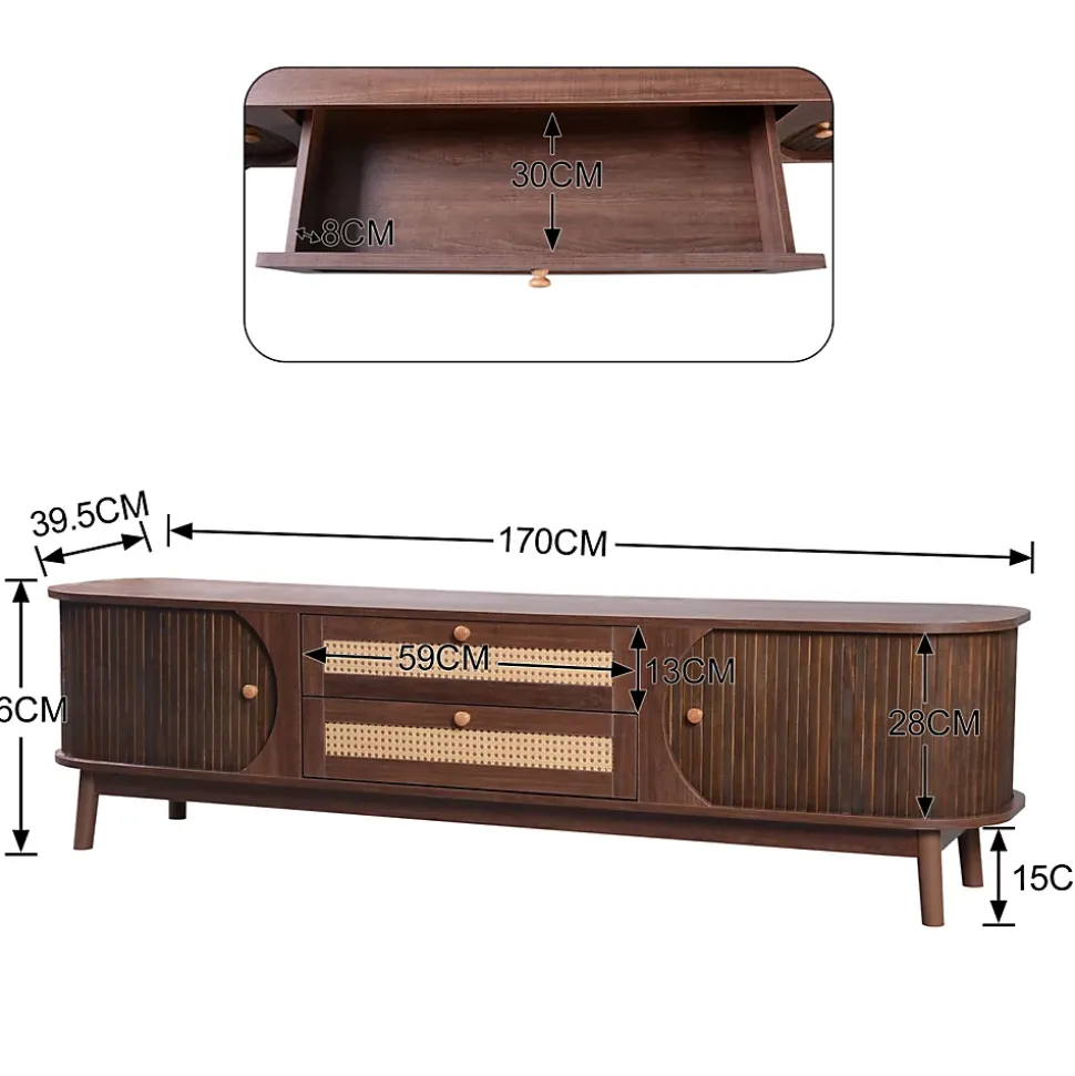Meuble TV en bois naturel avec portes et tiroirs, côtés en rotin, solution de rangement au style campagnard naturel