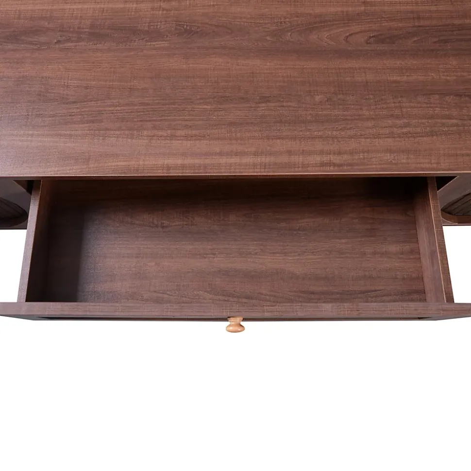 Meuble TV en bois naturel avec portes et tiroirs, côtés en rotin, solution de rangement au style campagnard naturel