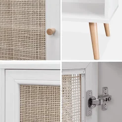 Meuble TV en cannage 120x39x56.5cm - Bohème - Blanc. 2 niveaux. 2 étagères. 2 portes. pieds scandinaves