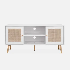Meuble TV en cannage 120x39x56.5cm - Bohème - Blanc. 2 niveaux. 2 étagères. 2 portes. pieds scandinaves