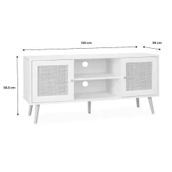Meuble TV en cannage 120x39x56.5cm - Bohème - Blanc. 2 niveaux. 2 étagères. 2 portes. pieds scandinaves