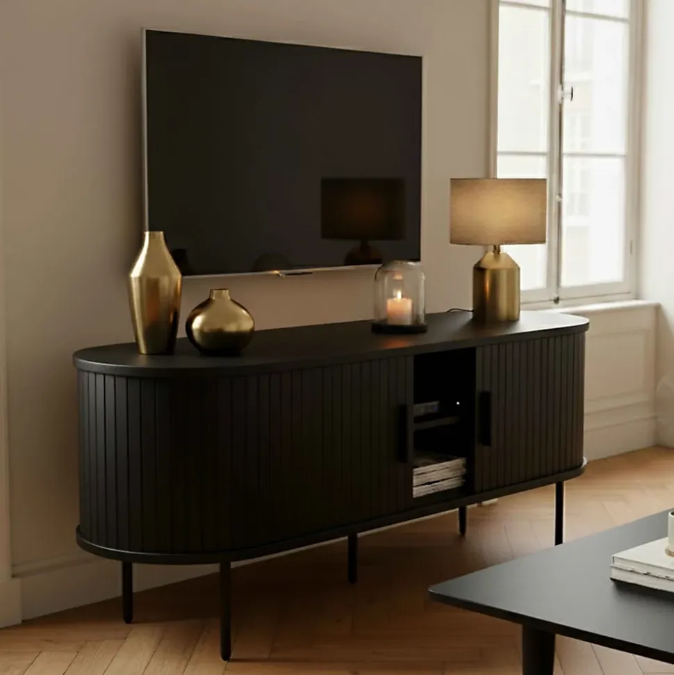 Meuble TV en mélaminé et acier 120 cm noir Oviala