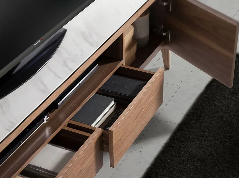 Meuble TV en noyer élégant avec plateau en verre effet marbre blanc