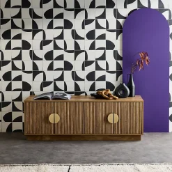Meuble TV exotique 4 portes décor bois de manguier. poignées en métal doré L 140 x P 40 x H 48cm