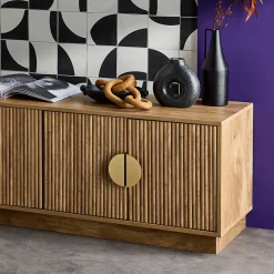 Meuble TV exotique 4 portes décor bois de manguier. poignées en métal doré L 140 x P 40 x H 48cm