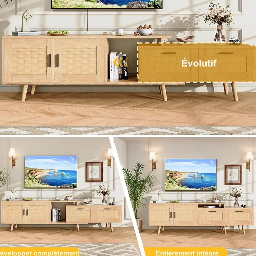 Meuble TV extensible en chêne clair avec portes en rotin tressé, grand espace de rangement et design naturel moderne
