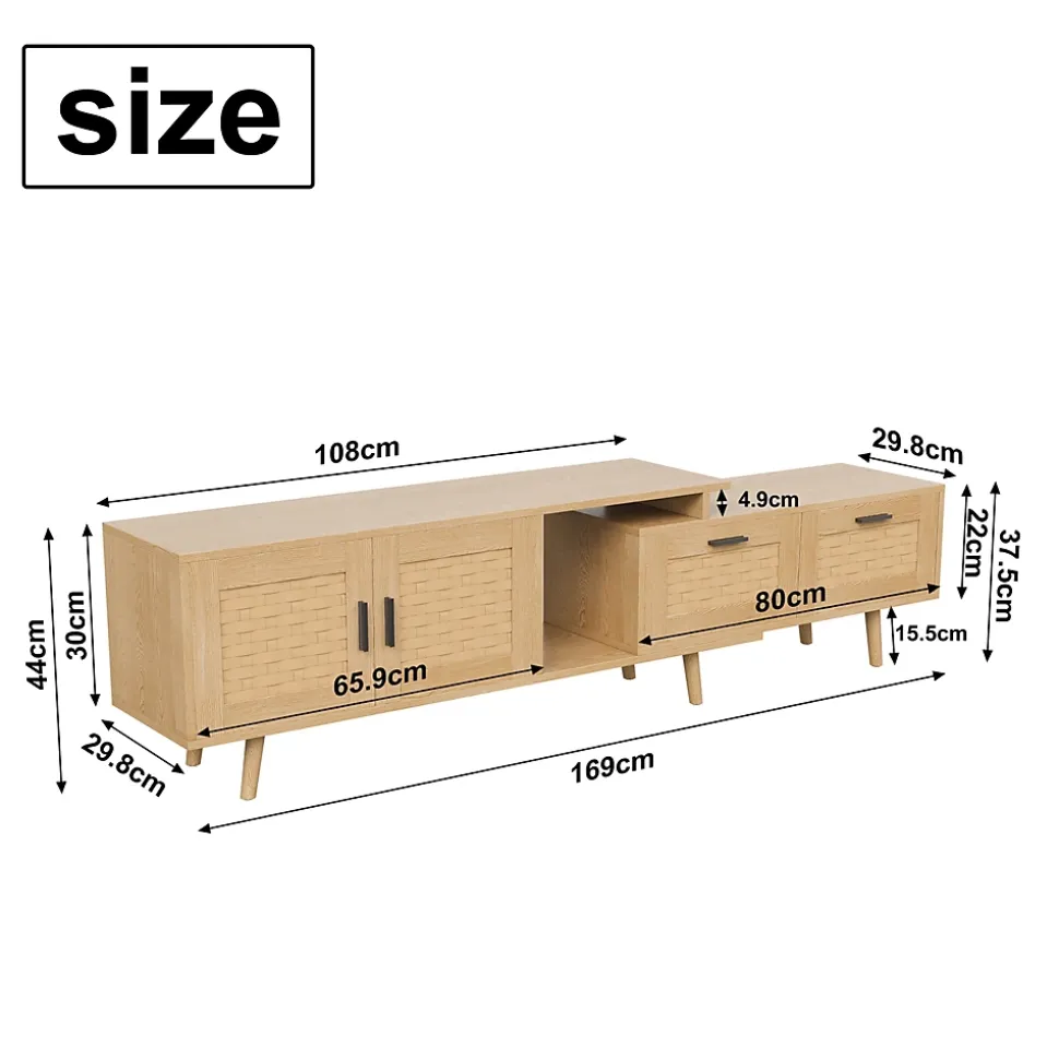 Meuble TV extensible en chêne clair avec portes en rotin tressé, grand espace de rangement et design naturel moderne