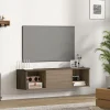 Meuble TV flottant suspendu - 2 niches, porte battante - effet bois noisetier brun gris