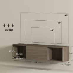 Meuble TV flottant suspendu - 2 niches, porte battante - effet bois noisetier brun gris