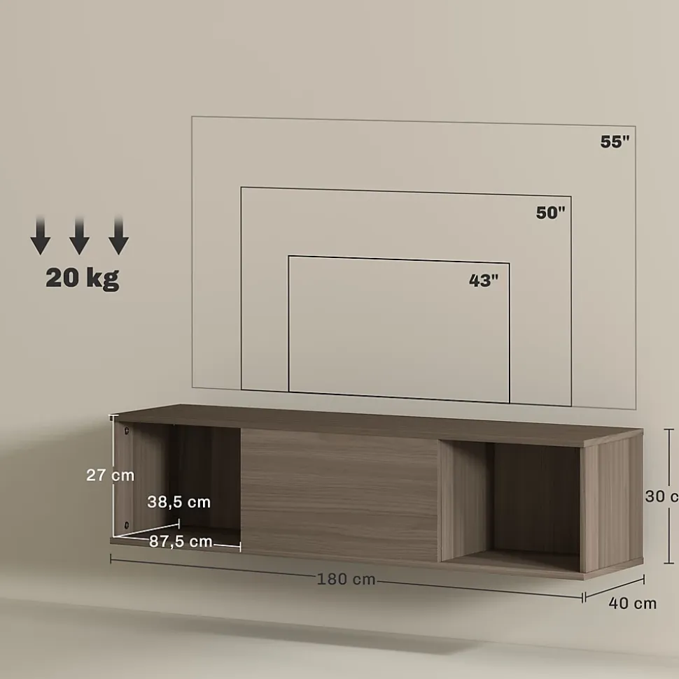 Meuble TV flottant suspendu - 2 niches, porte battante - effet bois noisetier brun gris