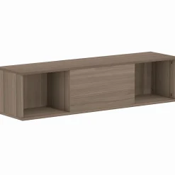 Meuble TV flottant suspendu - 2 niches, porte battante - effet bois noisetier brun gris