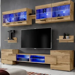 Meuble TV Foggia Komodee - LED Bleues - Bois naturel Mat et Bois naturel - 230 x 195 x 35 cm