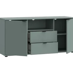 Meuble TV GANYMEDE 130 cm Sauge 2 portes 2 tiroirs 1 niche panneaux de particules