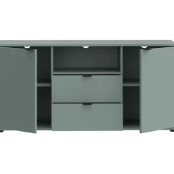 Meuble TV GANYMEDE 130 cm Sauge 2 portes 2 tiroirs 1 niche panneaux de particules